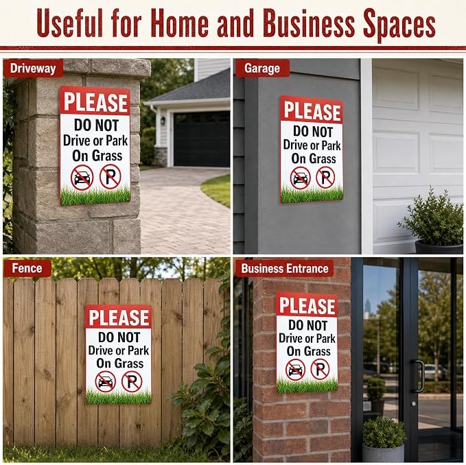 Do Not Park on Grass Tin Sign, 12 x 8 Inch Lawn Notice Aluminum Metal Wall Decor, No Driving Parking Sign for Yard, Driveway, Gate, Fence