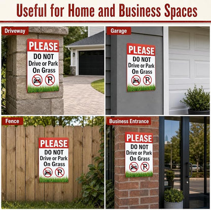 Do Not Park on Grass Tin Sign, 12 x 8 Inch Lawn Notice Aluminum Metal Wall Decor, No Driving Parking Sign for Yard, Driveway, Gate, Fence