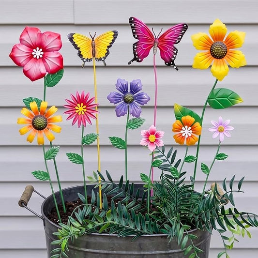 hogardeck Garden Decor for Outside, Set of 10 Metal Flowers Decorative Garden Stakes for Spring Decor, Yard Art Garden Decorations for Outdoor Lawn Porch Pathway (Multi-Color) (Color b)