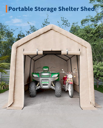 10X15 Ft Heavy-Duty Portable Outdoor Storage Shed with Roll-Up Door & Vent, 240g Waterproof PE Tarp & UV Protection, Carport Storage Shelter for Motorcycles, Firewood, Garden Tools - Khaki