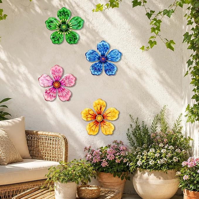 4-Pack Metal Flower Wall Decor, Outdoor Fence and Garden Art | Outdoor Wall Decor art, Easy To Hang, Ideal for outdoor fences, gardens, patios, yards and exterior walls