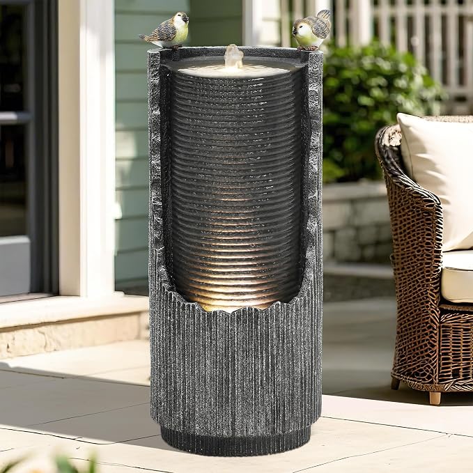 Autodaya Outdoor Water Fountain 32" Distressed Fluted Column with Lights | polyresin concrete-inspired water feature with bird sculpture, gentle cascading flow for garden, patio, deck or yard oasis