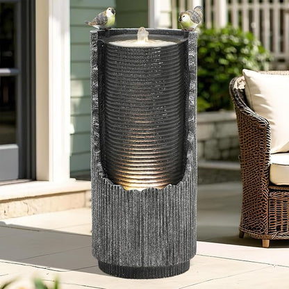 Autodaya Outdoor Water Fountain 32" Distressed Fluted Column with Lights | polyresin concrete-inspired water feature with bird sculpture, gentle cascading flow for garden, patio, deck or yard oasis