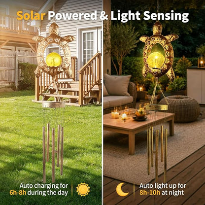 Sea Turtle Solar Lights Outdoor Decor Crackle Glass Ball Solar Turtle Wind Chimes for Outside Unique Gifts for Women Birthday Gardening Gift Housewarming Ornament for Patio Yard Garden Decor