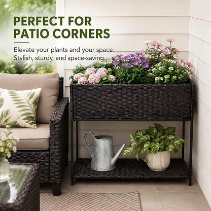 Raised Garden Bed - 3x1.5x2.5 ft Rattan Raised Bed Wicker Elevated Raised Garden Bed with Underneath Tool Storage Rack Shelf, Outdoor Raised Flower Planter Box