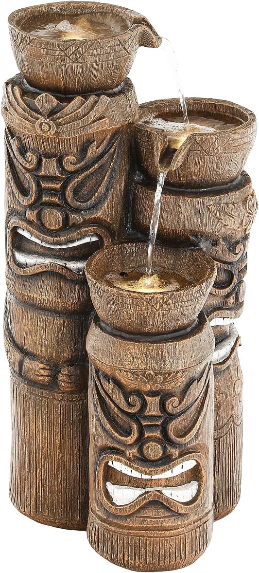 31" H Tiki Statue Outdoor Water Fountain with LED Lights | Unique 3-Tier Tropical Resin Water Feature with Soothing Cascading Waterfall for Patio, Backyard, Garden or Porch