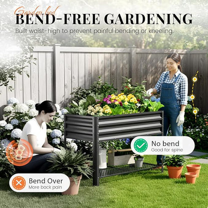 KING BIRD Large Raised Garden Bed with Legs & Storage Shelf Galvanized Elevated Planter Box for Backyard, Patio, Balcony, 400lb Capacity, Dark Grey 48×24×31.5 in