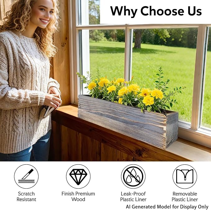 Wood Window Box Planter, 2 Pcs Rectangular Planter Boxes with Removable Plastic Liners, Herb Succulents Flowers Wooden Pot for Windowsill, Rustic Wedding Garden Table Decor, 17.3 x 3.9 x 3.9 Inches
