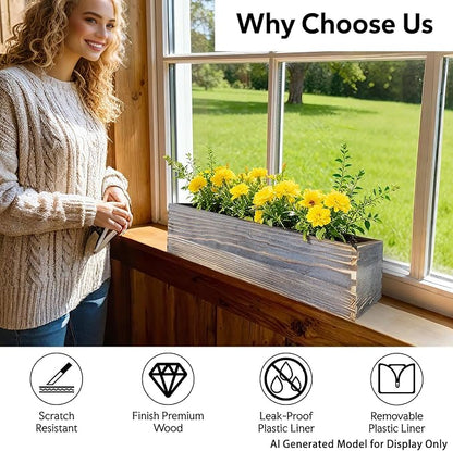 Wood Window Box Planter, 2 Pcs Rectangular Planter Boxes with Removable Plastic Liners, Herb Succulents Flowers Wooden Pot for Windowsill, Rustic Wedding Garden Table Decor, 17.3 x 3.9 x 3.9 Inches