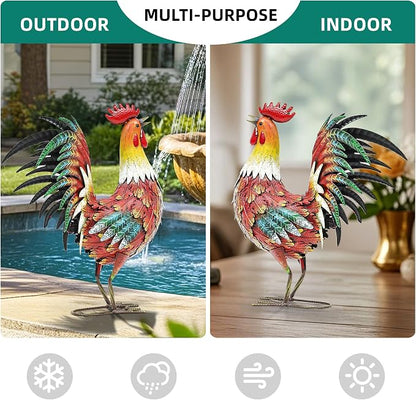 Metal Rooster Yard Decor, 21" Outdoor Garden Statues for Patio | Durable Metal with Hand-Painted Finish, Farmhouse Rooster Chicken Decor for Yard, Garden, Patio, Porch & Kitchen