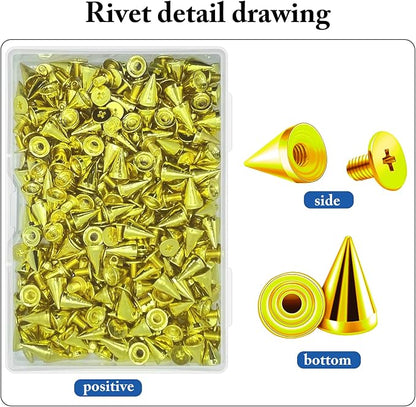 200 Sets 9.5mm Cone Spikes Metal Tree Spikes Screwback Studs for DIY Leathercraft Decoration Punk Rock Style Clothing Accessories (Gold)