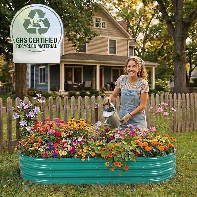 Rakukiri Raised Garden Bed GRS Certified Galvanized Planter Box Outdoor, 5ft Oval Rot-Resistant Metal Garden Bed Planter, Recycled Material Planter for Vegetables Flowers Herbs (Green)