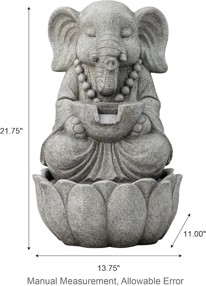 Glitzhome Outdoor Fountains and Waterfalls Zen-Style Concrete Resin Elephant Water Fountains with LED & Pump, Garden Patio Water Fountain Yard Fountain 2 Tier Floor Waterfall for Backyard Lawn 22" H