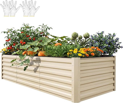 YITAHOME 8x4x2ft Large Raised Garden Bed Kit, Galvanized Metal Planter Box with Gloves, Support Rod & Safety Rubber, Outdoor Above Ground Planters for Plants Vegetables Flowers, Cream Yellow
