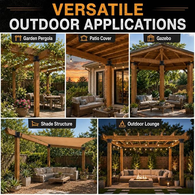 Pergola Brackets, 4x4 3-Way Heavy Duty Pergola Kit, 4pcs Right Angle Corner Bracket, Anti-Resistant Q235 Steel, 3.6"x3.6" Inner Fit for DIY Garden, Patio, Gazebo - Includes Screws (4-Pack).
