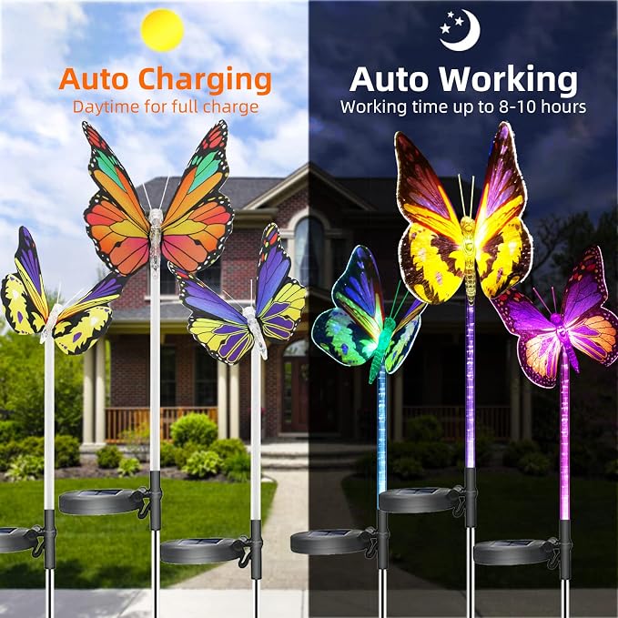 Upgraded Outdoor Solar Garden Lights - 3 Pack Solar Butterfly Decoration Lights - 7 Color Changing LED Waterproof Solar Stake Lights for Garden, Patio, Yard, Lawn, Walkway Decoration
