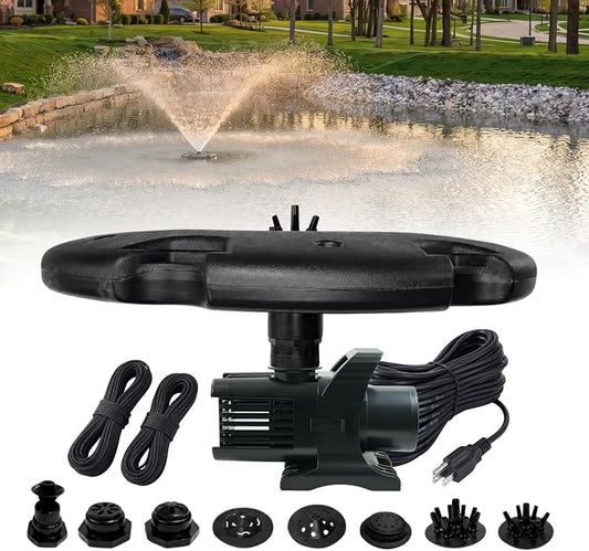 1.5 HP Floating Fountain & Aerator, 12,500 GPH, 11 Patterns, 200 Ft Cord | Plug and play on standard 120V GFCI outlet, 36 in float, quick release nozzle, two 25 ft mooring ropes, 960 watt motor