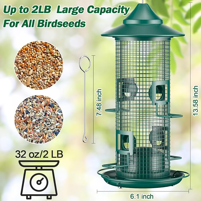 Metal Bird Feeder for Outdoors Hanging, Chew Resistant Design | 2lb large capacity, 4-port mesh tube, easy-refill 4.5" wide opening, all-weather rust-resistant feeder for cardinals, finches