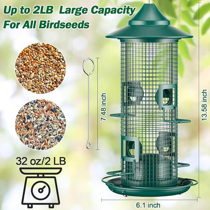 Metal Bird Feeder for Outdoors Hanging, Chew Resistant Design | 2lb large capacity, 4-port mesh tube, easy-refill 4.5" wide opening, all-weather rust-resistant feeder for cardinals, finches
