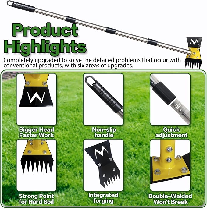 2-in-1 Garden Hoe and Weed Puller Rake, 60 Inch Adjustable Long Handle Weeding Tool Heavy Duty Spring Steel Head, Dual Side Hand Weed Rake, Weed Remover for Garden, Yard, Lawn, Driveway.