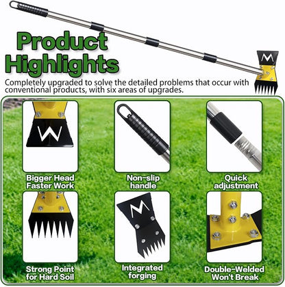 2-in-1 Garden Hoe and Weed Puller Rake, 60 Inch Adjustable Long Handle Weeding Tool Heavy Duty Spring Steel Head, Dual Side Hand Weed Rake, Weed Remover for Garden, Yard, Lawn, Driveway.