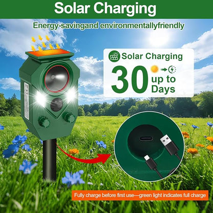Ultrasonic Animal Repeller Outdoor,Cat Repellent & Deterrent with PIR Sensor & Flashing Light,Solar Powered Deer Repellent Device for Squirrels,Raccoons,Skunks,Rabbits,and Dog,IP65 Waterproof - 1 Pack