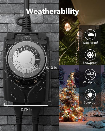 HBN Outdoor Timer Outlet Waterproof, 24 Hour Mechanical Light Timers for Electrical Outlets Outdoor Weatherproof, 2 Grounded Outlets for Christmas Lights, Pool Pump, 15A 1/2HP