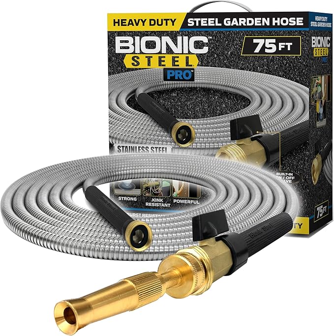 Liberty Garden 1917-G Hose Pot, Hammered, Patina & Bionic Steel PRO Garden Hose - 304 Stainless Steel Metal 75 Foot Garden Hose – Heavy Duty Garden Hose Lightweight