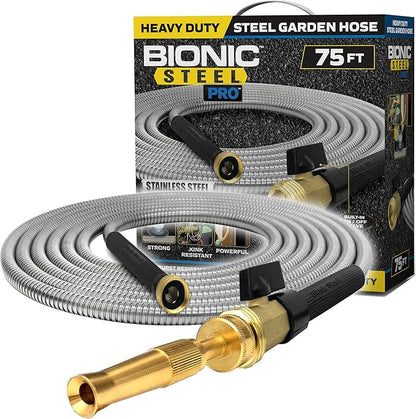 Liberty Garden 1917-G Hose Pot, Hammered, Patina & Bionic Steel PRO Garden Hose - 304 Stainless Steel Metal 75 Foot Garden Hose – Heavy Duty Garden Hose Lightweight