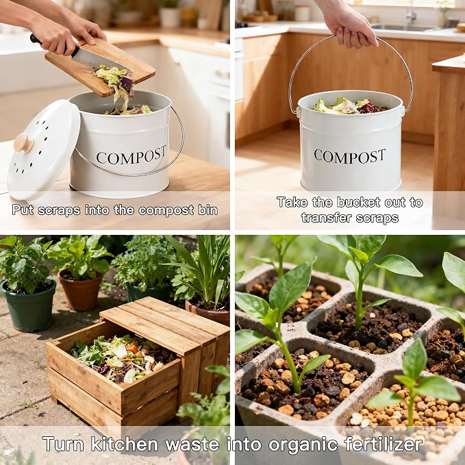 Compost Bin - 1 Gallon Countertop Composter with Lid, Charcoal Filters, Rust Proof Indoor Food Waste Bin