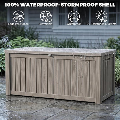 Outdoor Storage Box, 150 Gallon Waterproof Deck Box [Upgraded 3.0], Piston-Assisted Resin Trunk for Sectional Sofa Cushions, High-Capacity Lockable Double Storage Bench, Patio Lounge, Grey