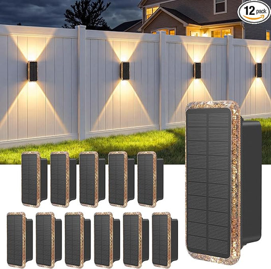 vighep Solar Fence Lights Outdoor 12 Pack, 5CCT(3000K-6000K) Up and Down Solar Wall Lights, IP65 Waterproof Dusk to Dawn Wood Fence Lights Solar Powered for Patio, Porch, Backyard, Garage, Wall Decor