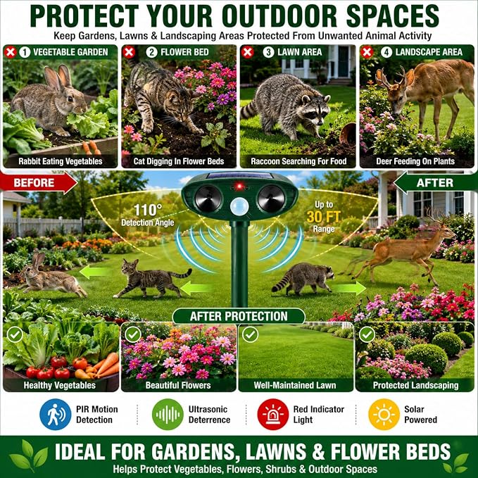 4 Pack Deer Repellent Devices,Cat Repellent Outdoor Solar Ultrasonic Animal Repeller for Squirrel Racoon Rabbit Fox Skunk,IP65 Waterproof Motion Sensor Sonic Fortress Pro Animal Deterrent for Garden