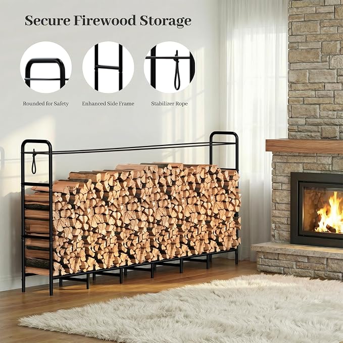 Firewood Rack 8FT Heavy Duty Metal, Outdoor Indoor Log Holder Stand for Fireplace Wood Storage, Adjustable Wood Pile Stacker Organizer for Patio, Black