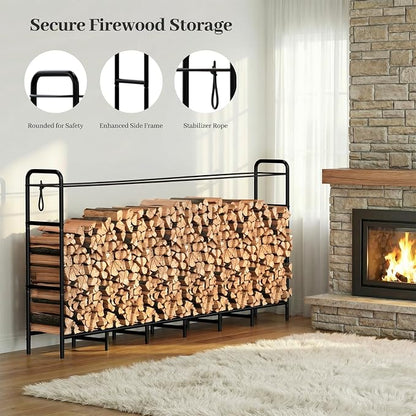 Firewood Rack 8FT Heavy Duty Metal, Outdoor Indoor Log Holder Stand for Fireplace Wood Storage, Adjustable Wood Pile Stacker Organizer for Patio, Black