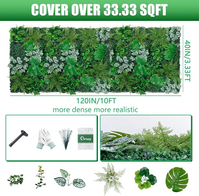 Grooy Artificial Boxwood Panels, 40"x120"(33.33 SQFT) Grass Wall Panels with Monstera Leaves,Privacy Hedge Fence Screen with UV Protection,Fake Greenery Backdrop for Indoor Wedding
