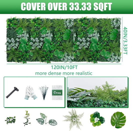 Grooy Artificial Boxwood Panels, 40"x120"(33.33 SQFT) Grass Wall Panels with Monstera Leaves,Privacy Hedge Fence Screen with UV Protection,Fake Greenery Backdrop for Indoor Wedding