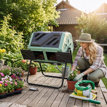 Werph 43 Gal Dual Chamber Compost Tumbler for Garden & Yard, Green & Black | Fast Assembly, 43 Gal Dual Chambers & Aeration System, 360° Rotating Tumbler, for Garden, Kitchen, & Yard (Gloves Included)