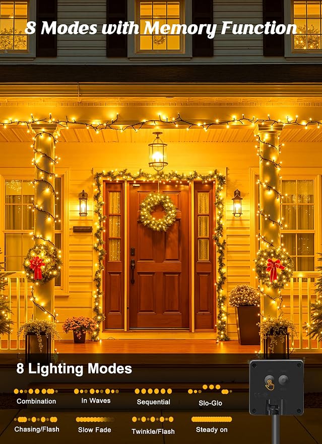 Brightown Solar String Lights Outdoor, 40FT 100 LED Solar Powered String Lights Waterproof with 8 Modes, Auto On/Off, Patio Lights for Outside Tree Garden Balcony Party Decor (Warm White)