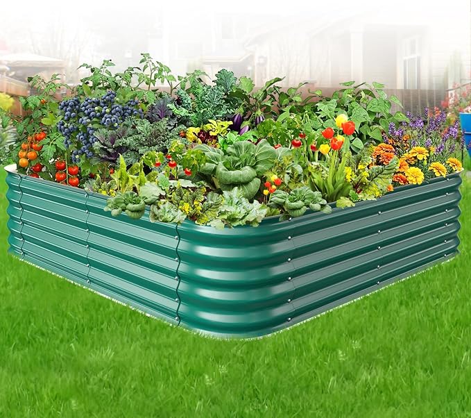 Green Painted Galvanized Raised Garden Bed, Garden Planter Bed Outdoor, Heavy Duty Rustproof Steel Raised Bed Kit for Gardening Vegetables Fruits Flowers Grow (Green, 4x4x1.5ft)