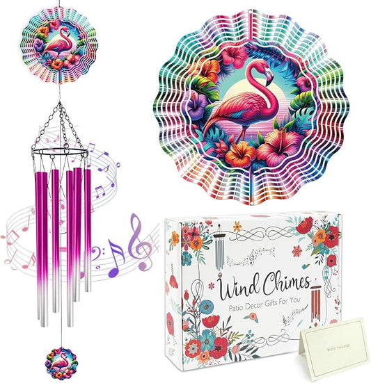 Flamingo Wind Chimes for Outside with Wind Spinner, Summer Garden Patio Yard Porch Decor, Tropical Flower Wind Chime with Colorful Gift Box, Summer Birthday Housewarming Gifts for Women Mom