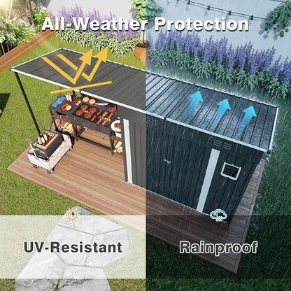 YOPTO 12x4 FT Metal Lean to Shed with Open-Sided Pergola,4x6 FT Outdoor Storage Shed & 6x4 FT Attached Hardtop Gazebo Combo,2-in-1 Durable Garden Tool Shed for Patio, Backyard, Deck,Gray