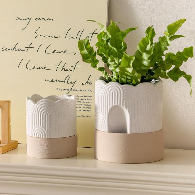 Nihow Ceramic Self Watering Pots for Indoor Plants, 4.5 Inch,Beige | Visible Water Level Fill Port,Planter with Cotton Wick,Water Storage Plus, Cylinder Round Flower Pot, Succulent/Herbs/Violets
