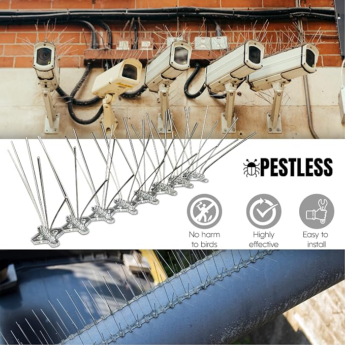 Upgraded Bird Spikes 10 Pack - 12-Inch Deterrent, 5 Spikes, Wide Coverage, Adjustable Strip Length - Stainless Steel Repeller Against Pigeons, Squirrels, Animals - Easy Mounting