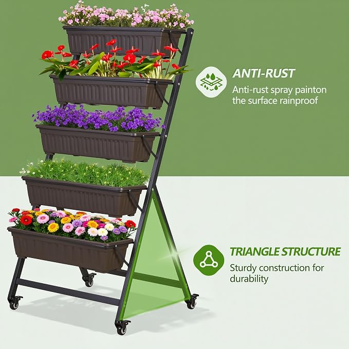 VECELO 5-Tier Vertical Garden Bed, Freestanding Elevated Raised Garden Planter with 5 Garden Planter Boxes, Lockable Caster Wheels, Drainage System, for Plants, Vegetables, Flowers, Herbs