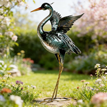 chisheen Crane Garden Statue Metal Heron Outdoor Decor Yard Art Bird Gift | Handcrafted Quality Iron and Handpainted Waterproof Finish