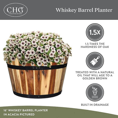16" Whiskey Barrel Planter, Acacia | Stylish Flower Plant Pots, Indoor & Outdoor Planter, Weather-Resistant, Great for Patio, Home & Garden Decor Accent