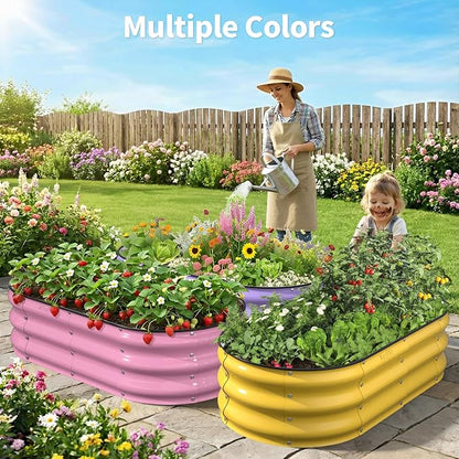 Kesfitt Raised Garden Bed, 4x2x1 FT Galvanized Steel Metal Raised Garden Bed, Oval Open-Bottom Design, 12-Inch Deep for Outdoor Vegetable & Herb Gardening, Creamy Yellow