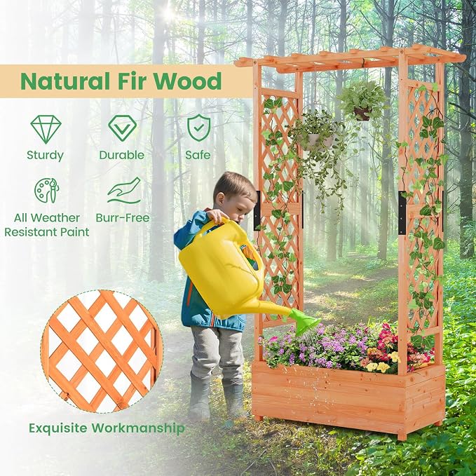 ORALNER Raised Garden Bed with Trellis, Wooden Planter Box with Climbing Frame, Outdoor Elevated Garden Box for Vegetables, Herbs, Flowers, Fruits (Medium)