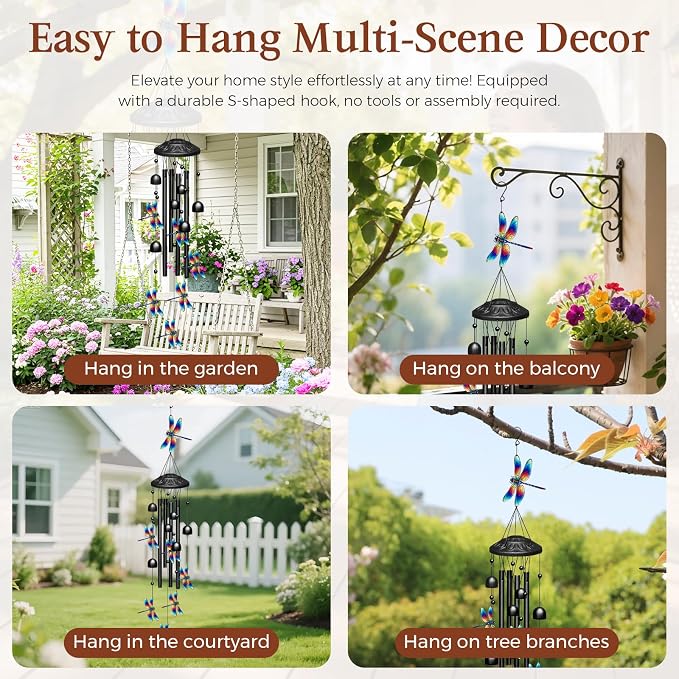 TIANCENTRAL H Metal Dragonfly Wind Chimes Hanging Outdoor Garden Yard Decor | Weather-Resistant Metal,Soothing Tones,Dragonfly Design,Easy Hang,Patio Porch Lawn Decor,Gift for Garden Nature Lovers